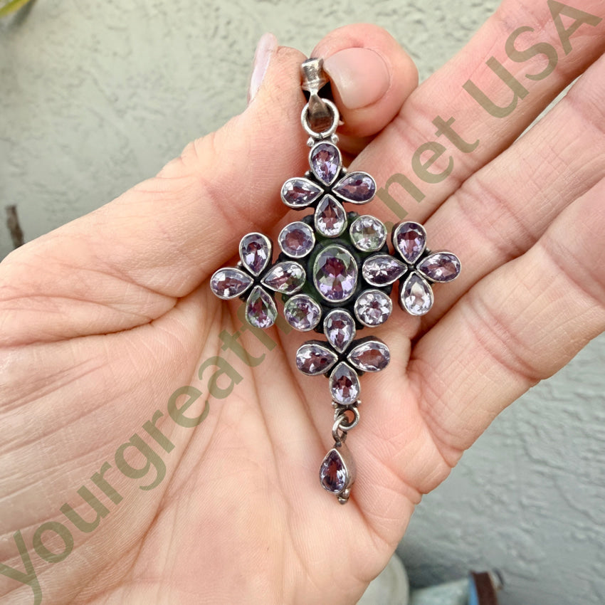 Pre-owned Sterling Silver Amethyst Cross Pendanr cross pendant