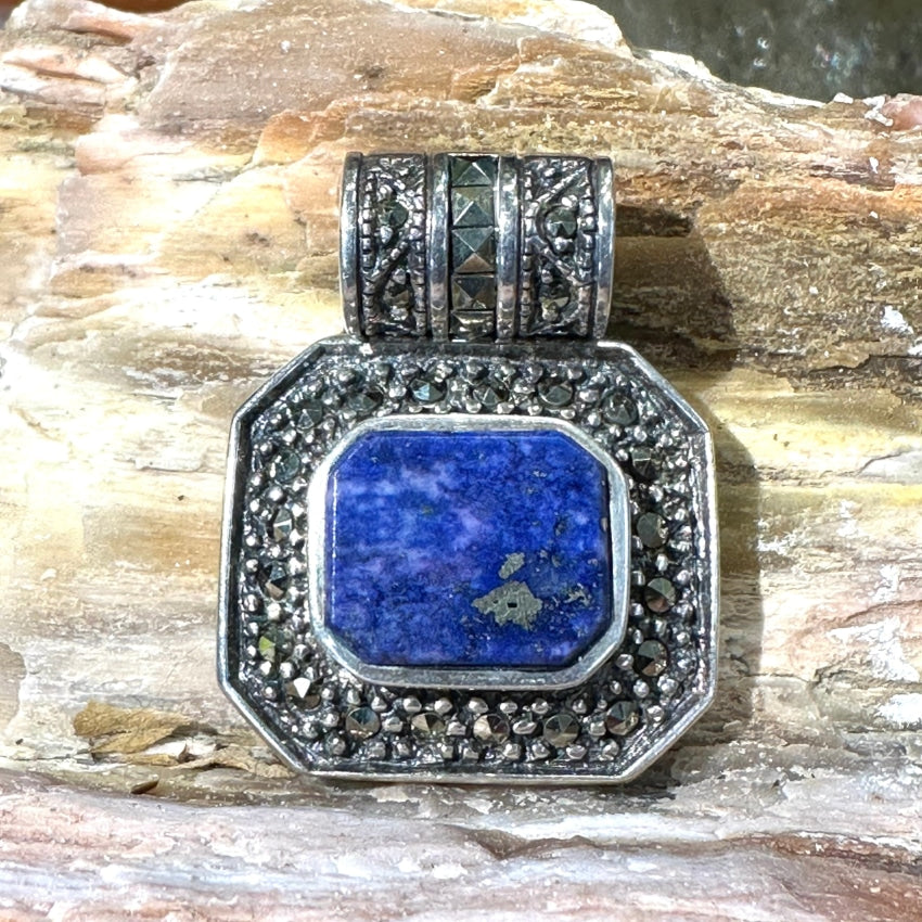 Pre-Owned Sterling Silver Lapis Lazuli Marcasite Pendant