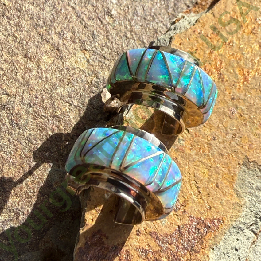 Pre-Owned Sterling Silver & Opal Inlay Hoop Pierced Post Earrings Earrings