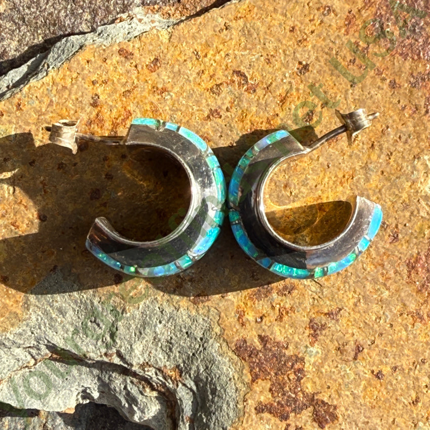 Pre-Owned Sterling Silver & Opal Inlay Hoop Pierced Post Earrings Earrings