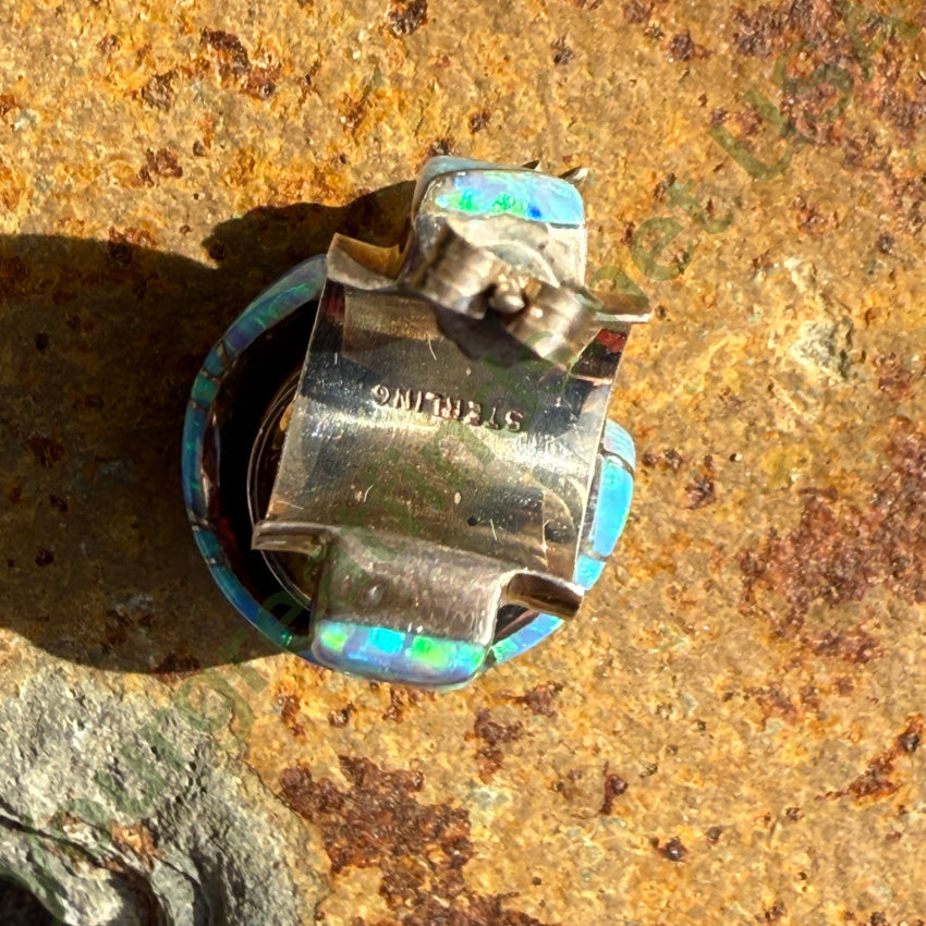 Pre-Owned Sterling Silver & Opal Inlay Hoop Pierced Post Earrings Earrings