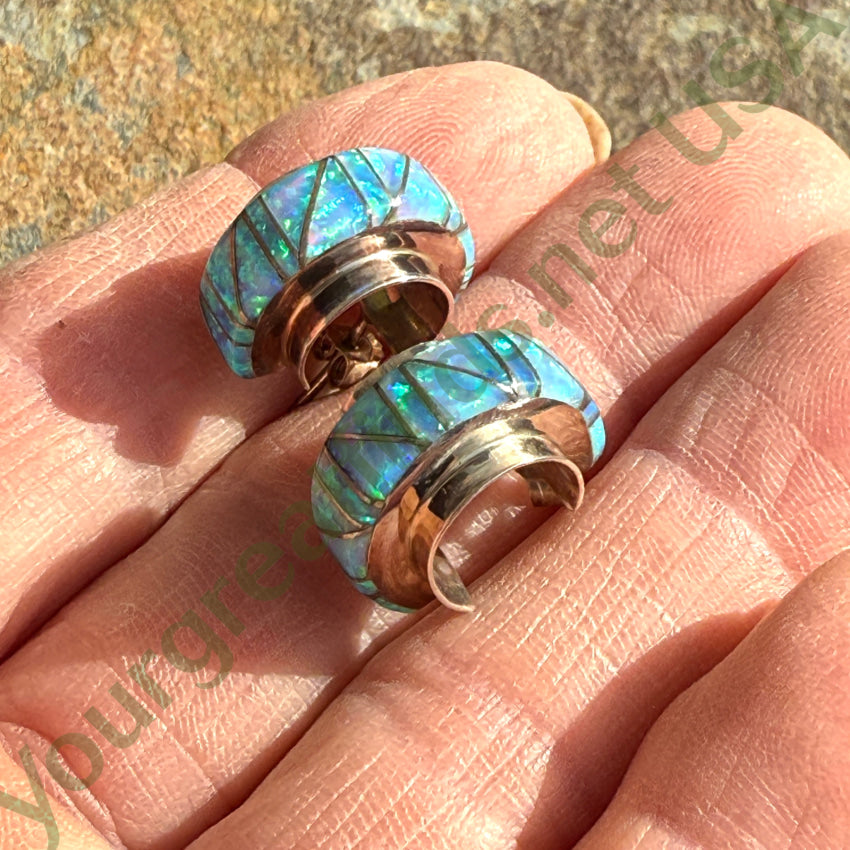 Pre-Owned Sterling Silver & Opal Inlay Hoop Pierced Post Earrings Earrings