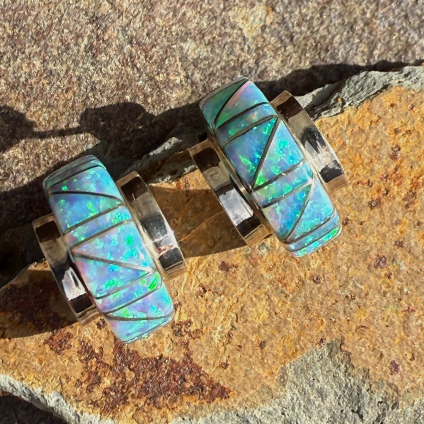 Pre-Owned Sterling Silver & Opal Inlay Hoop Pierced Post Earrings Earrings