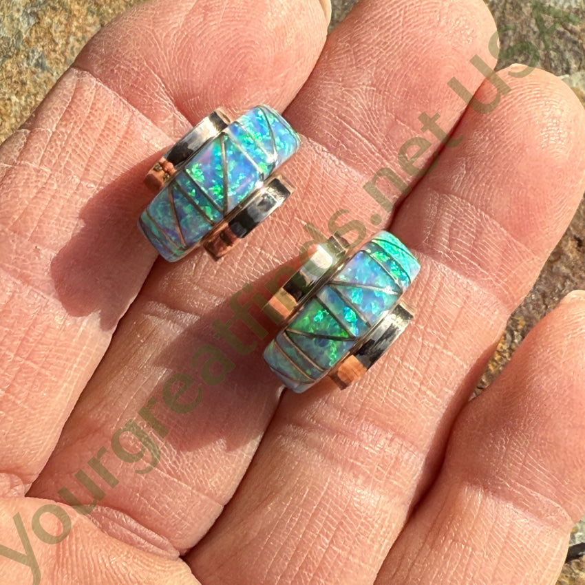 Pre-Owned Sterling Silver & Opal Inlay Hoop Pierced Post Earrings Earrings