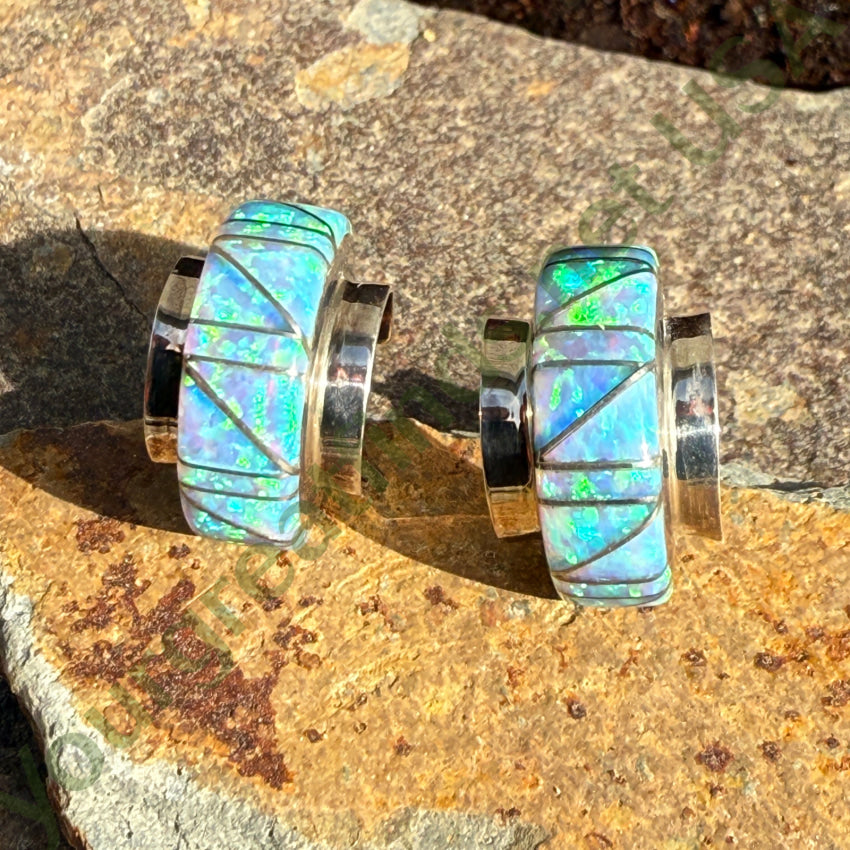 Pre-Owned Sterling Silver & Opal Inlay Hoop Pierced Post Earrings Earrings