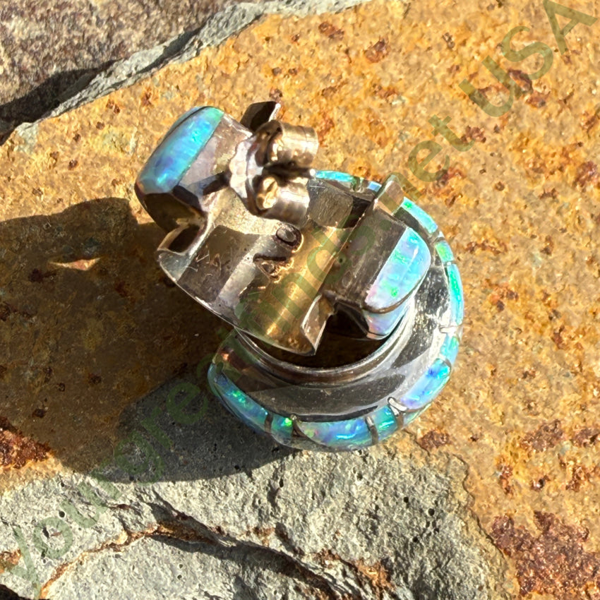 Pre-Owned Sterling Silver & Opal Inlay Hoop Pierced Post Earrings Earrings