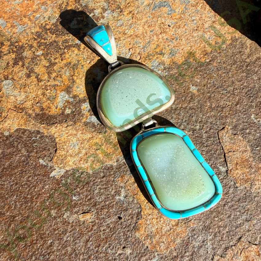 Pre-owned Sterling Silver Turquoise Quartz Druzy Pendant Large pendant