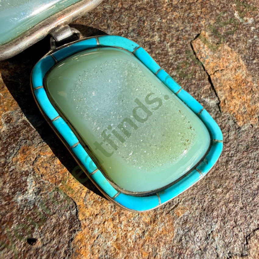 Pre-owned Sterling Silver Turquoise Quartz Druzy Pendant Large pendant