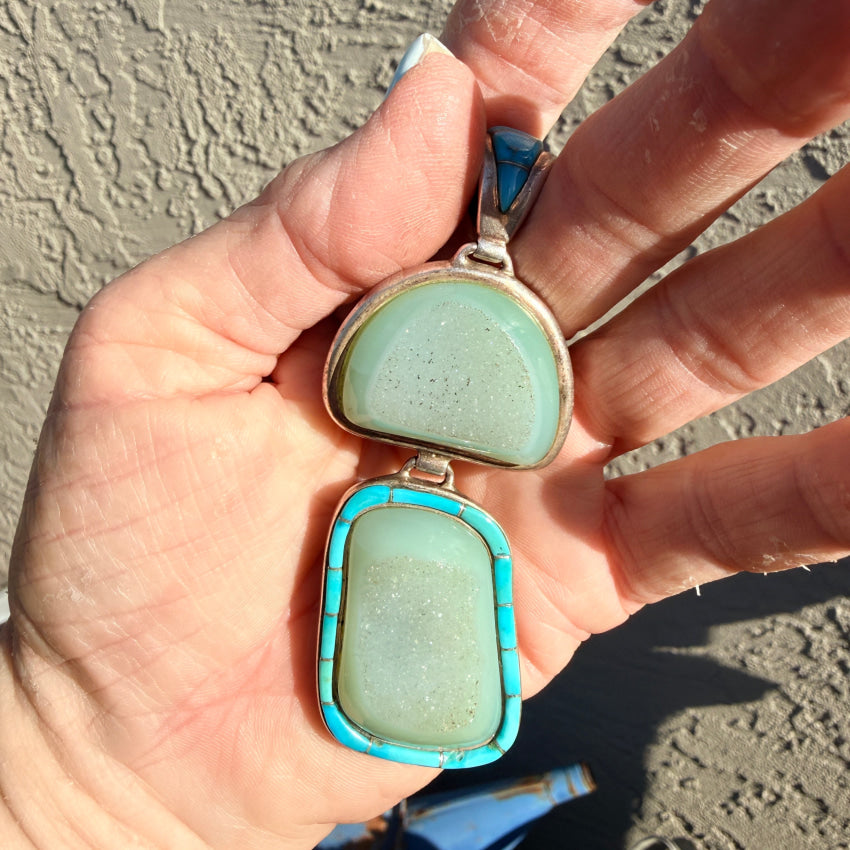 Pre-owned Sterling Silver Turquoise Quartz Druzy Pendant Large pendant