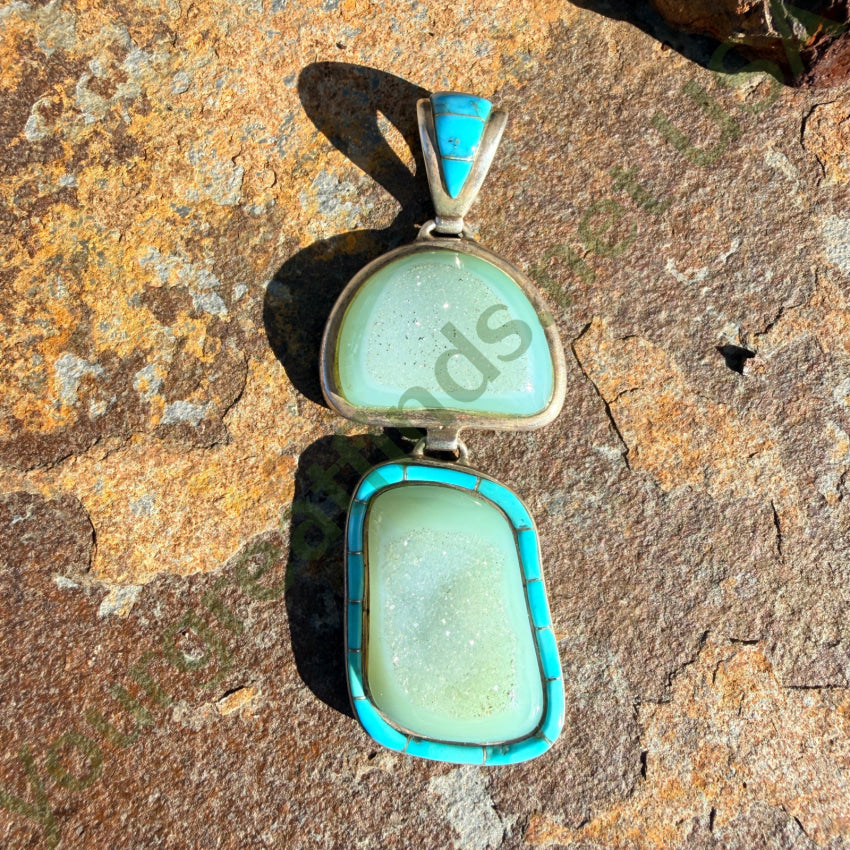 Pre-owned Sterling Silver Turquoise Quartz Druzy Pendant Large pendant