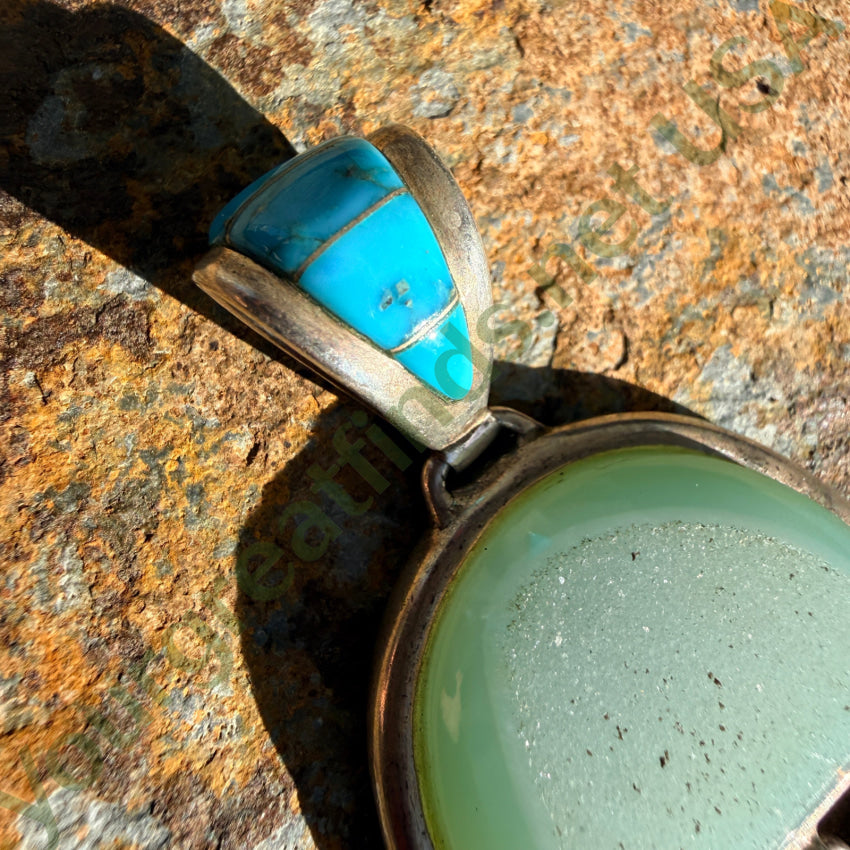 Pre-owned Sterling Silver Turquoise Quartz Druzy Pendant Large pendant