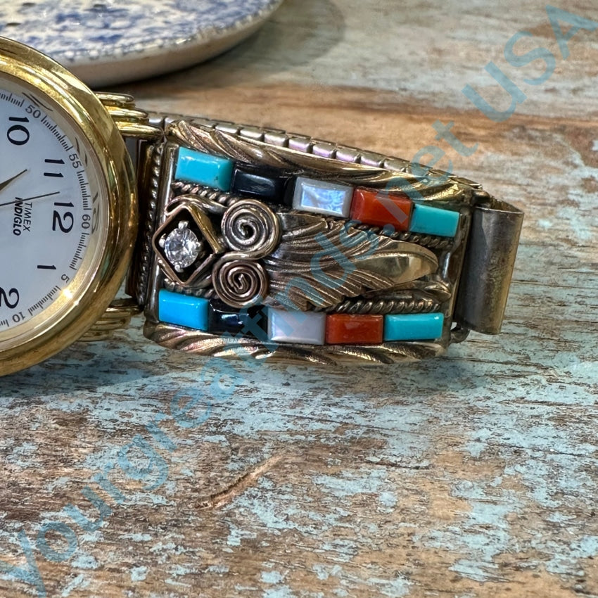 Preowned Navajo Gold Over Sterling Inlay Watch Band Turquoise