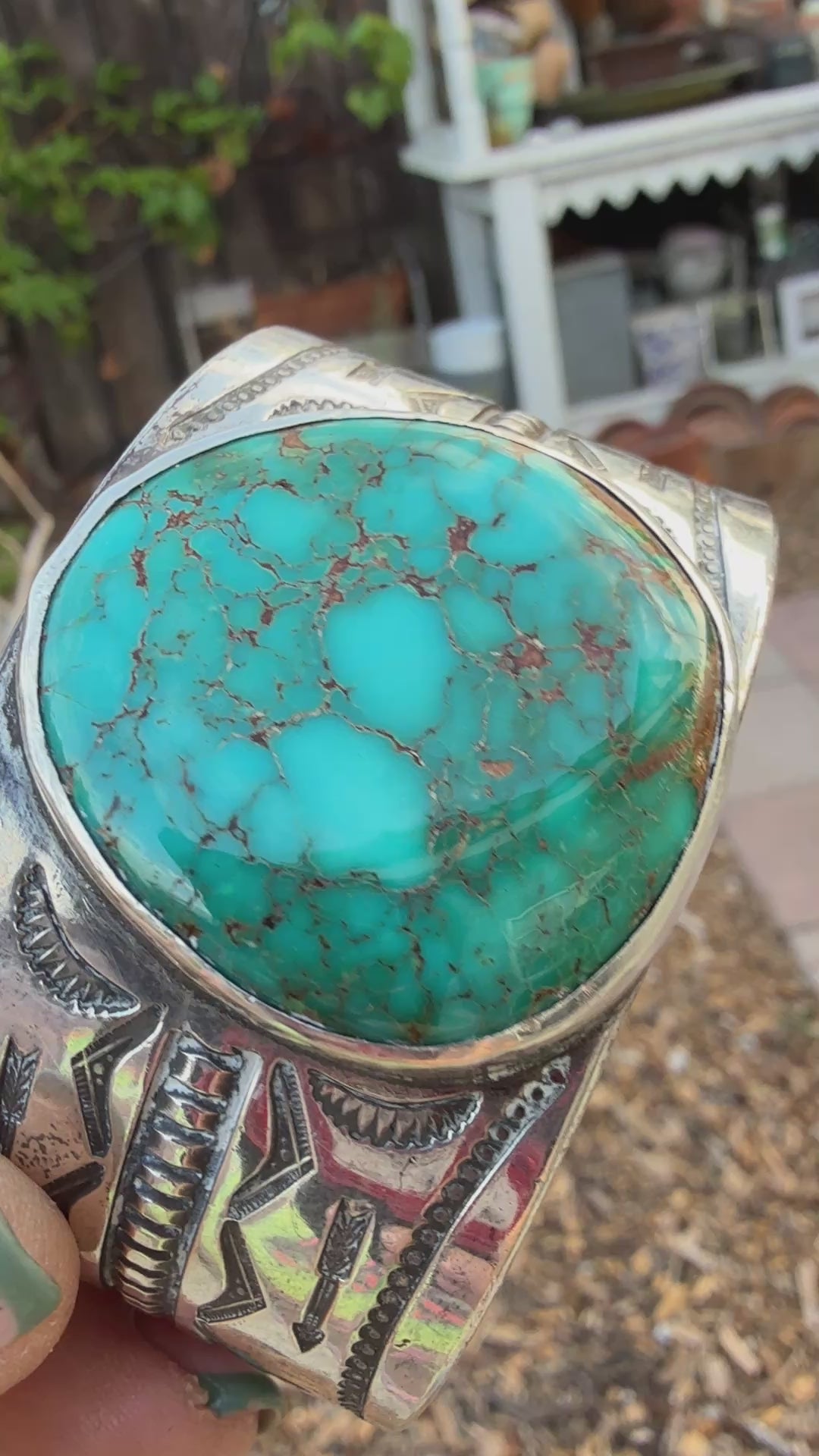 Vintage Mark Chee Sterling Silver Spider Web Turquoise Cuff Bracelet