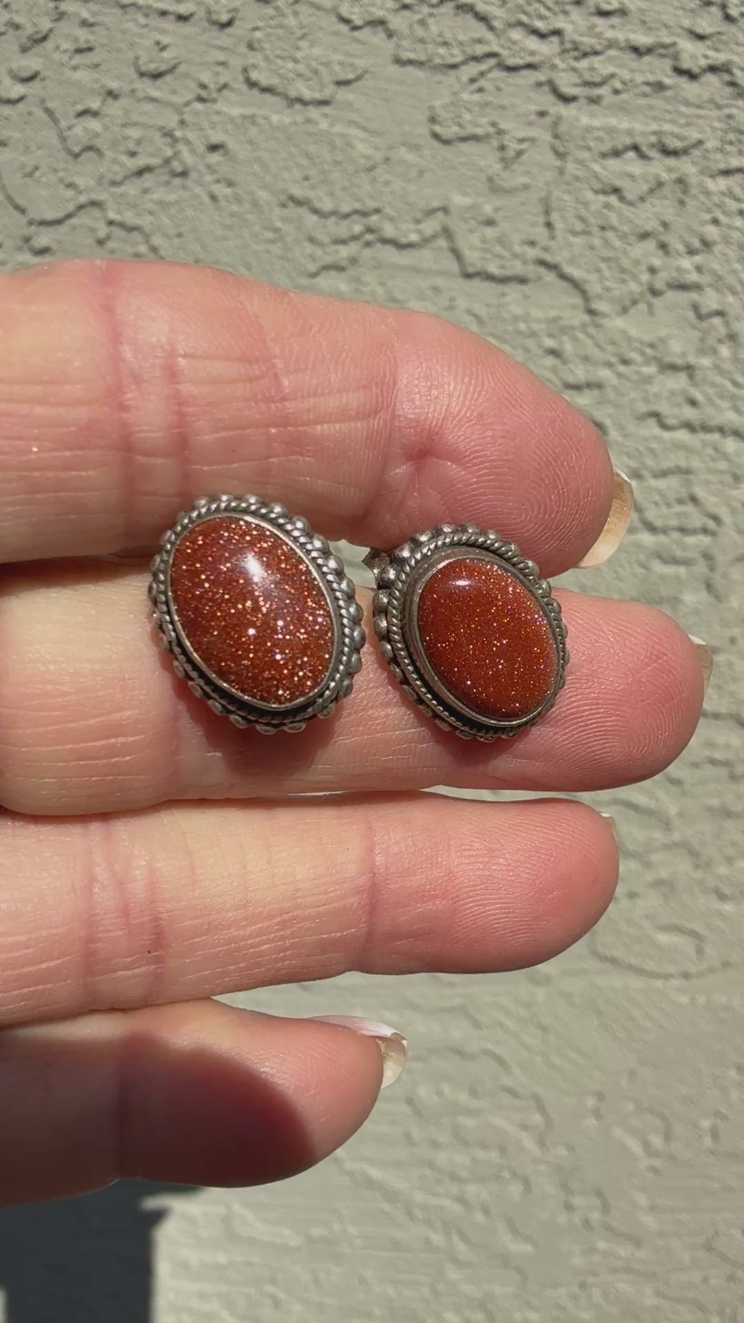 Vintage Sterling Silver Goldstone Pierced Post Stud Earrings