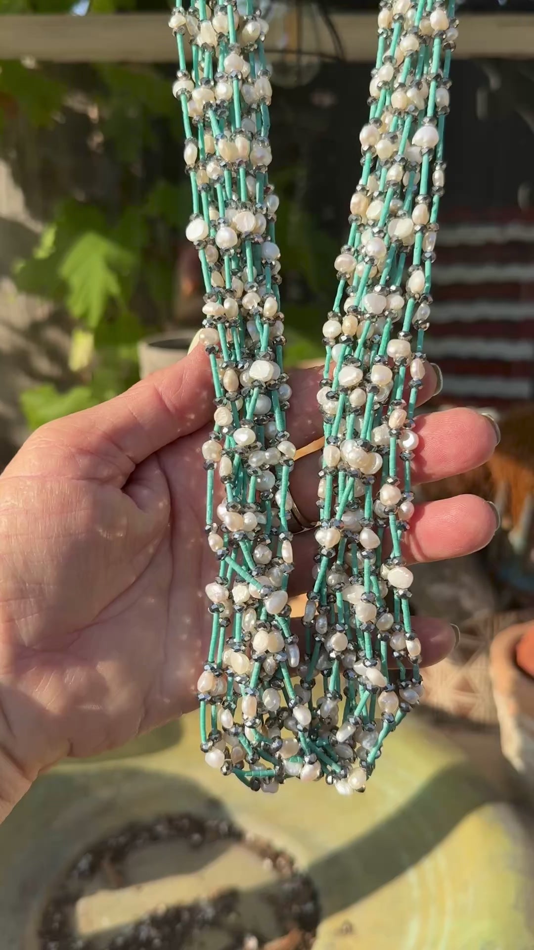 Turquoise Heishi Hematite & Pearl 13 Strand Necklace