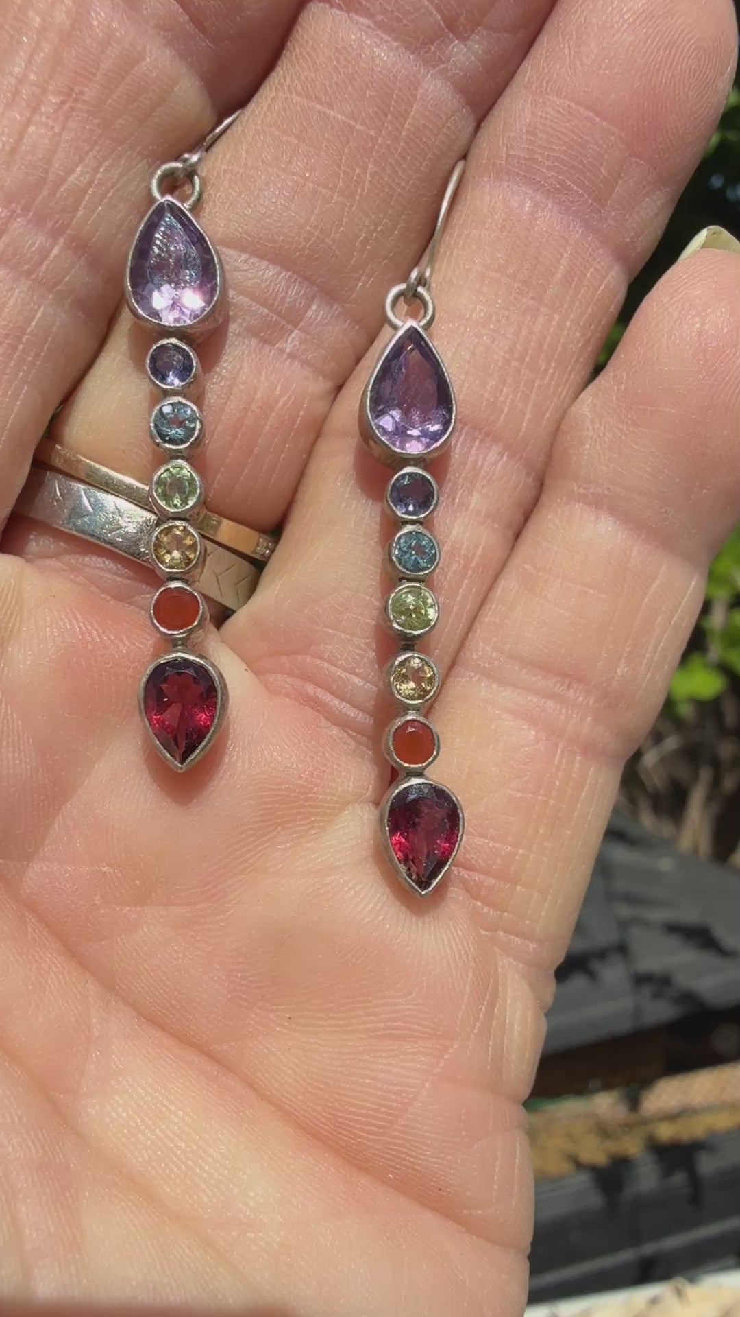 Vintage Sterling Silver Rainbow Gemstone Shoulder Duster Pierced Post Earrings