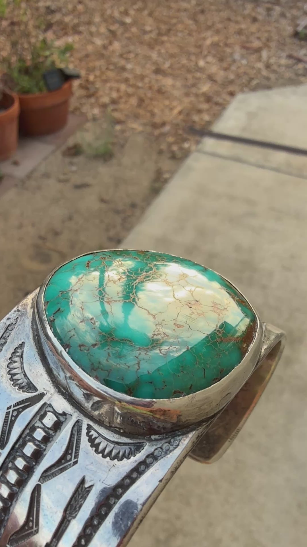 Vintage Mark Chee Sterling Silver Spider Web Turquoise Cuff Bracelet
