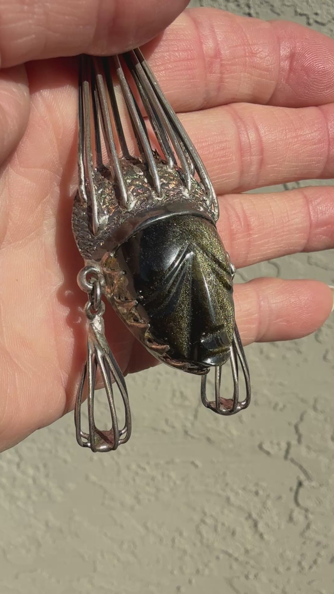 Large Mexican Sterling Silver & Sheen Obsidian Mask Pendant
