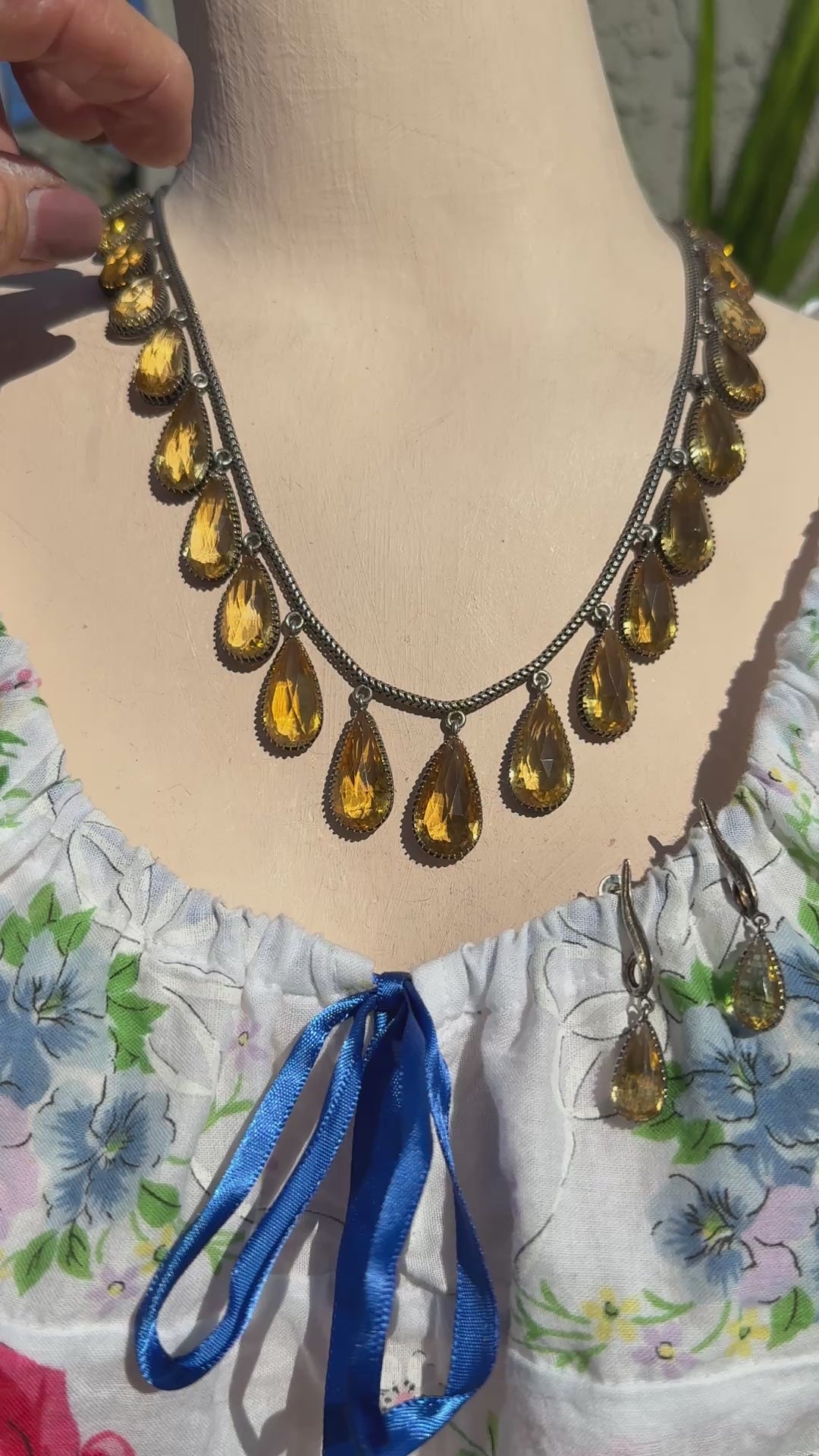 Vintage Sterling Silver & Golden Citrine Drop Necklace Earring Set