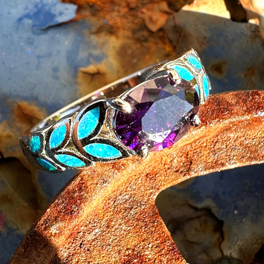 Previously Owned Sterling Silver Opal &amp; Purple Cz Ring Size 7