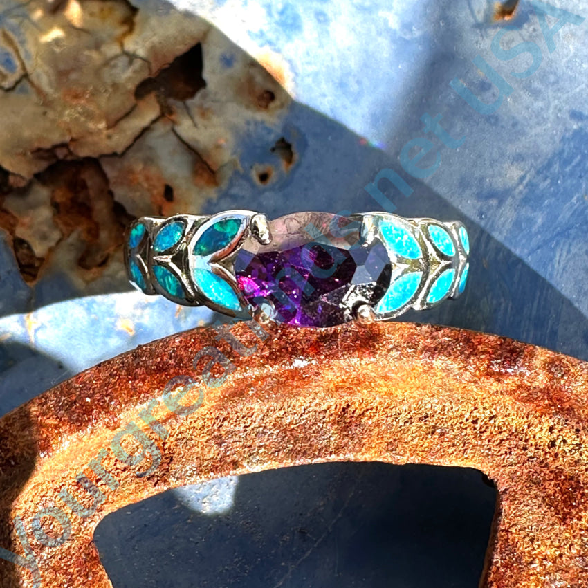 Previously Owned Sterling Silver Opal &amp; Purple Cz Ring Size 7