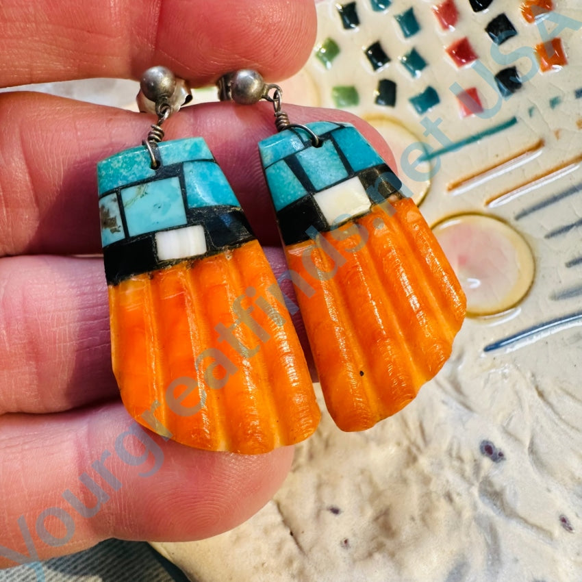 Pueblo Indian Turquoise Mosaic Spiny Oyster Earrings