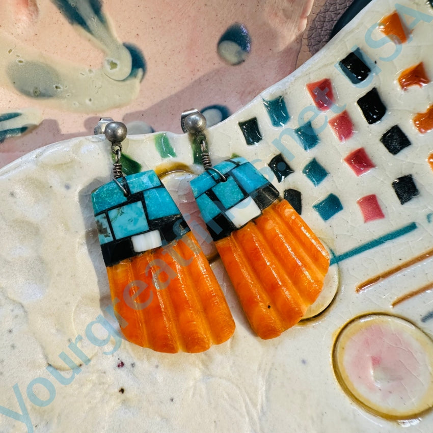 Pueblo Indian Turquoise Mosaic Spiny Oyster Earrings