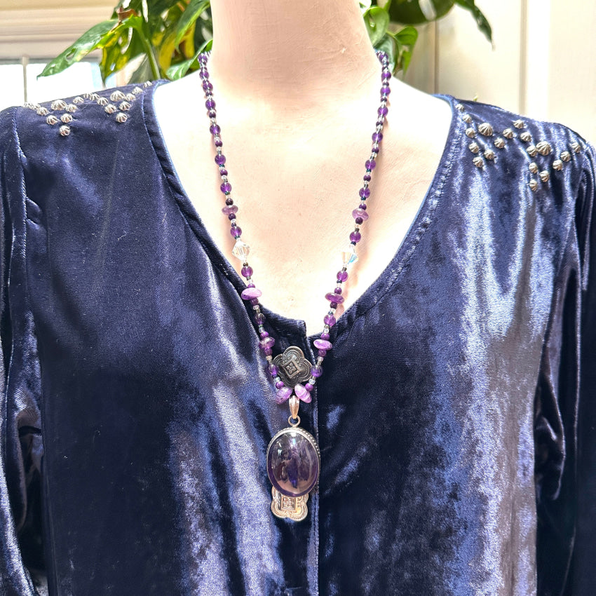 Purple Amethyst Beaded Necklace & Pendant Sterling Necklace