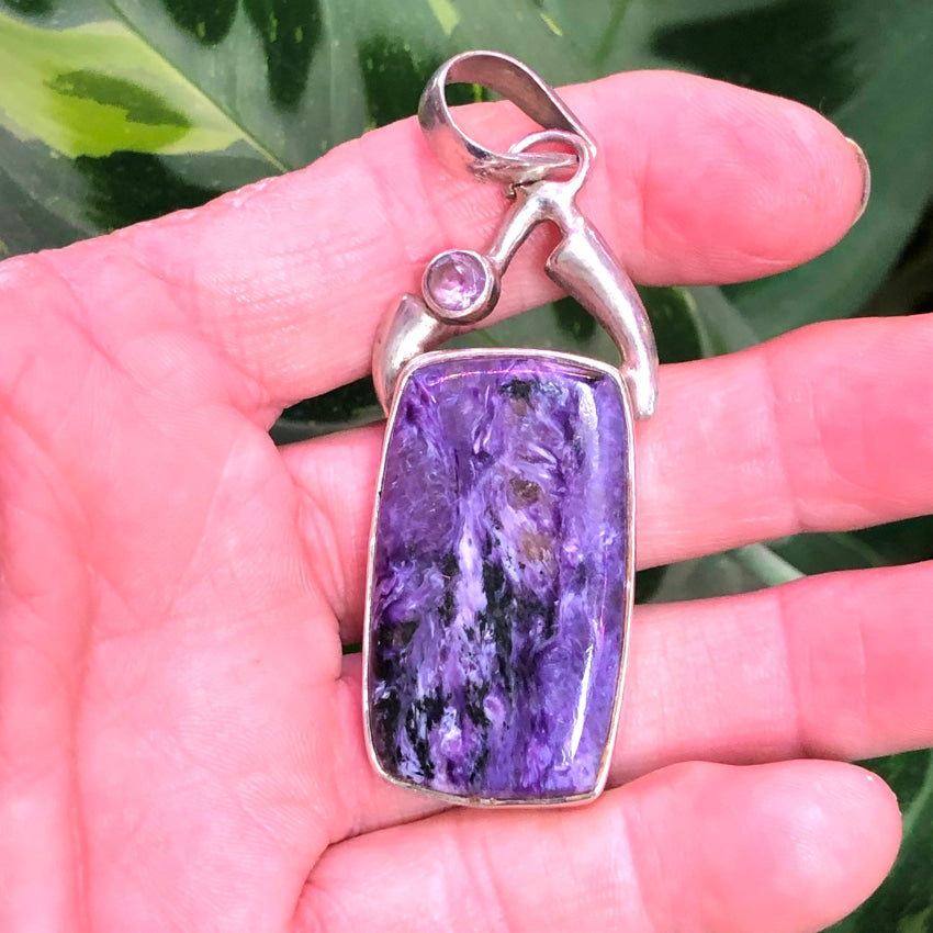 Purple Charoite & Amethyst Sterling Silver Large Pendant Pendant