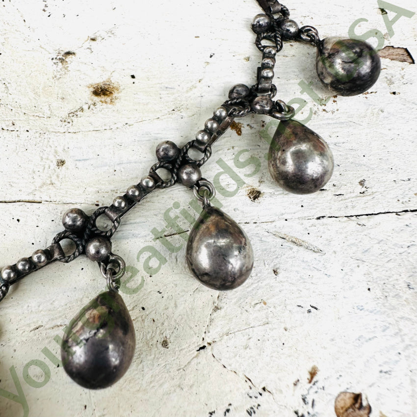 Rare 100% Hand Wrought Sterling Silver Orb Drop Evening Necklace Mexico Necklace
