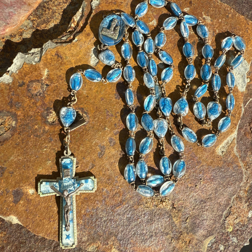 Rare VIntage Blue Lucite Bubble Bead Legatura Alpacca Brevetto Rosary rosary necklace