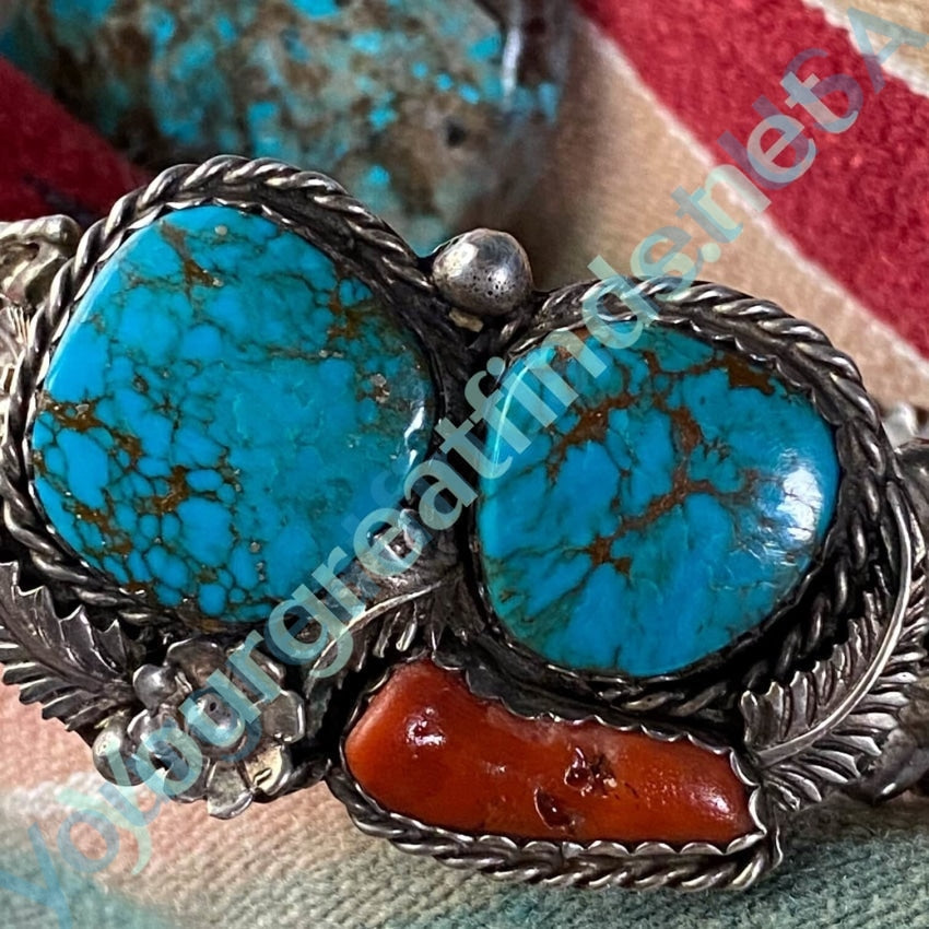 Red Mountain Turquoise Bracelet with C0ral in Sterling Silver Navajo Yourgreatfinds