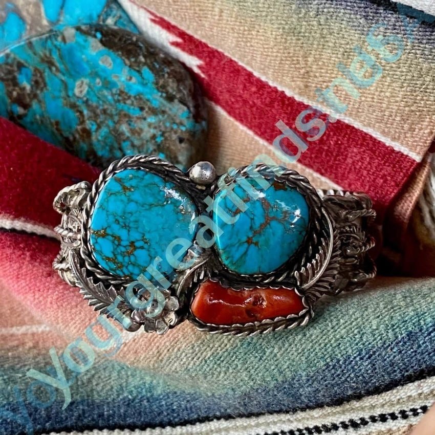 Red Mountain Turquoise Bracelet with C0ral in Sterling Silver Navajo Yourgreatfinds