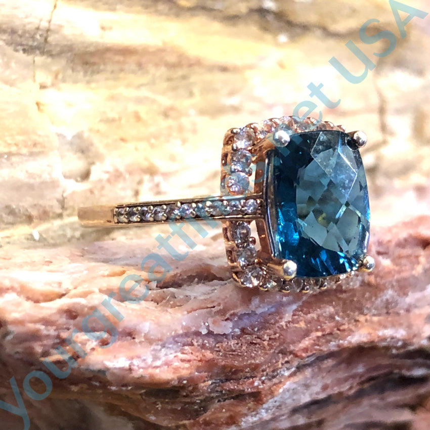 Rose Gold Over Sterling Silver Blue Topaz Diamond Ring Size 7