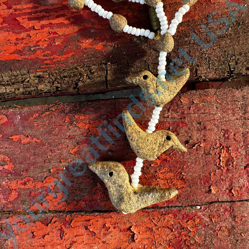 Rough Clay Hand Formed Bird Beads & White Seed Bead Necklace Necklace