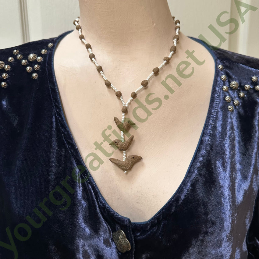 Rough Clay Hand Formed Bird Beads & White Seed Bead Necklace Necklace