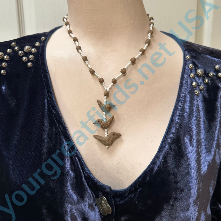 Rough Clay Hand Formed Bird Beads & White Seed Bead Necklace Necklace