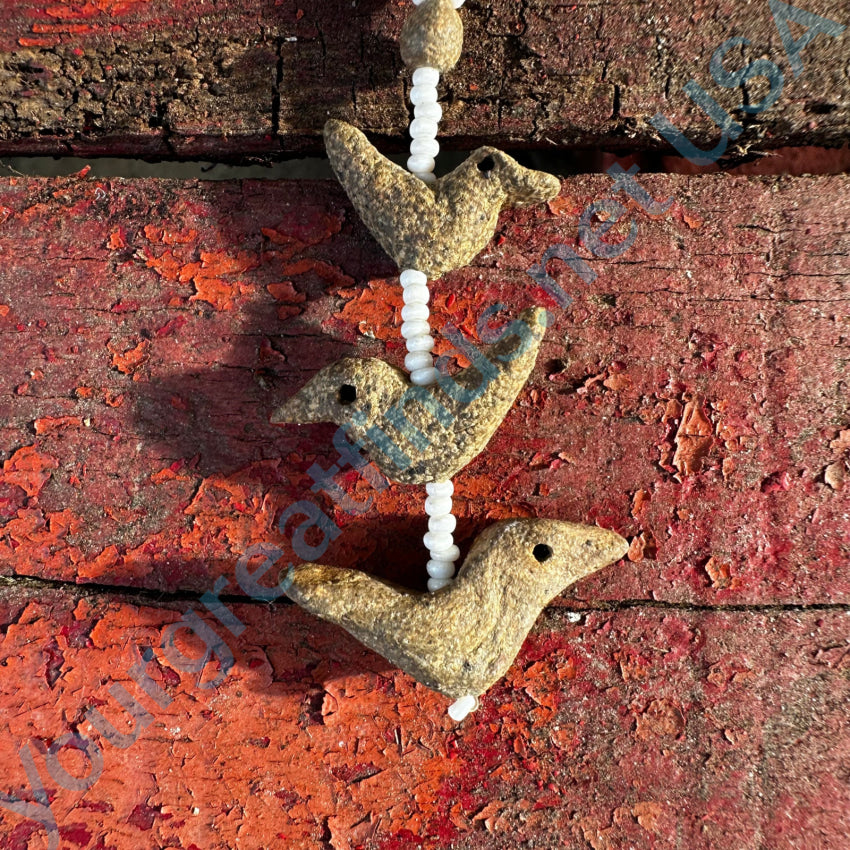 Rough Clay Hand Formed Bird Beads & White Seed Bead Necklace Necklace