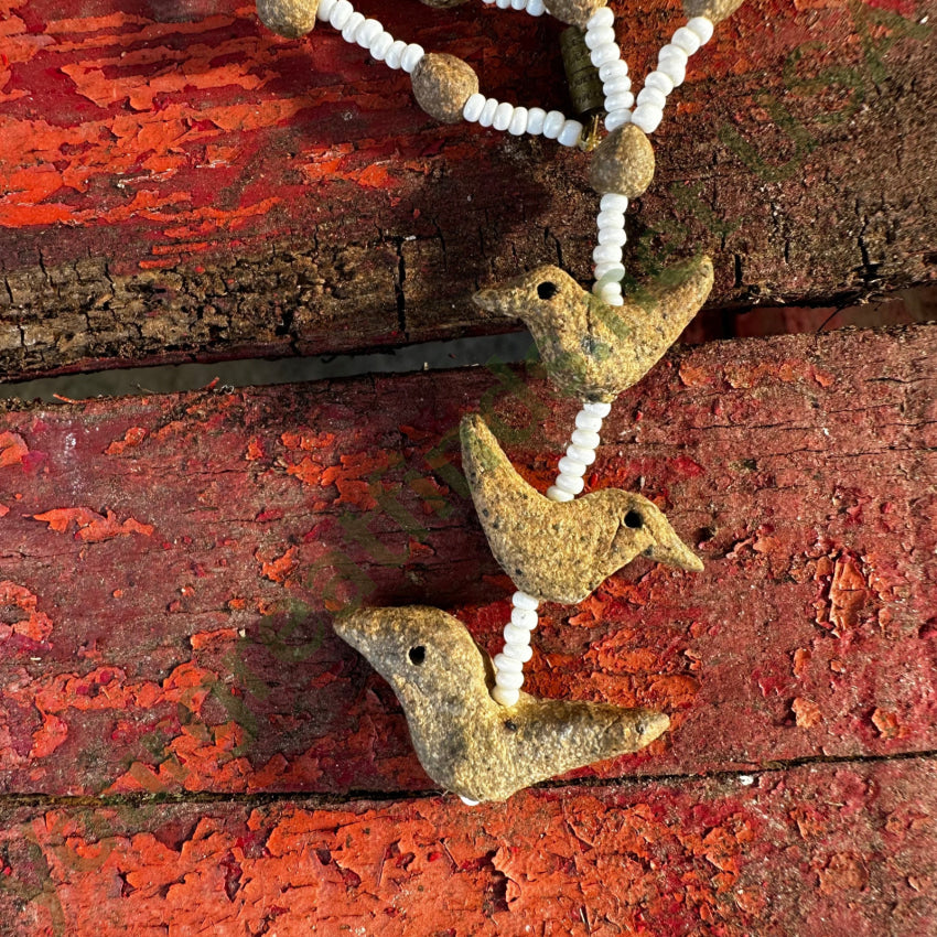 Rough Clay Hand Formed Bird Beads & White Seed Bead Necklace Necklace