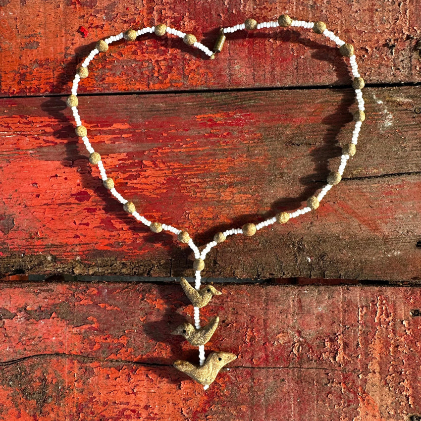 Rough Clay Hand Formed Bird Beads & White Seed Bead Necklace Necklace