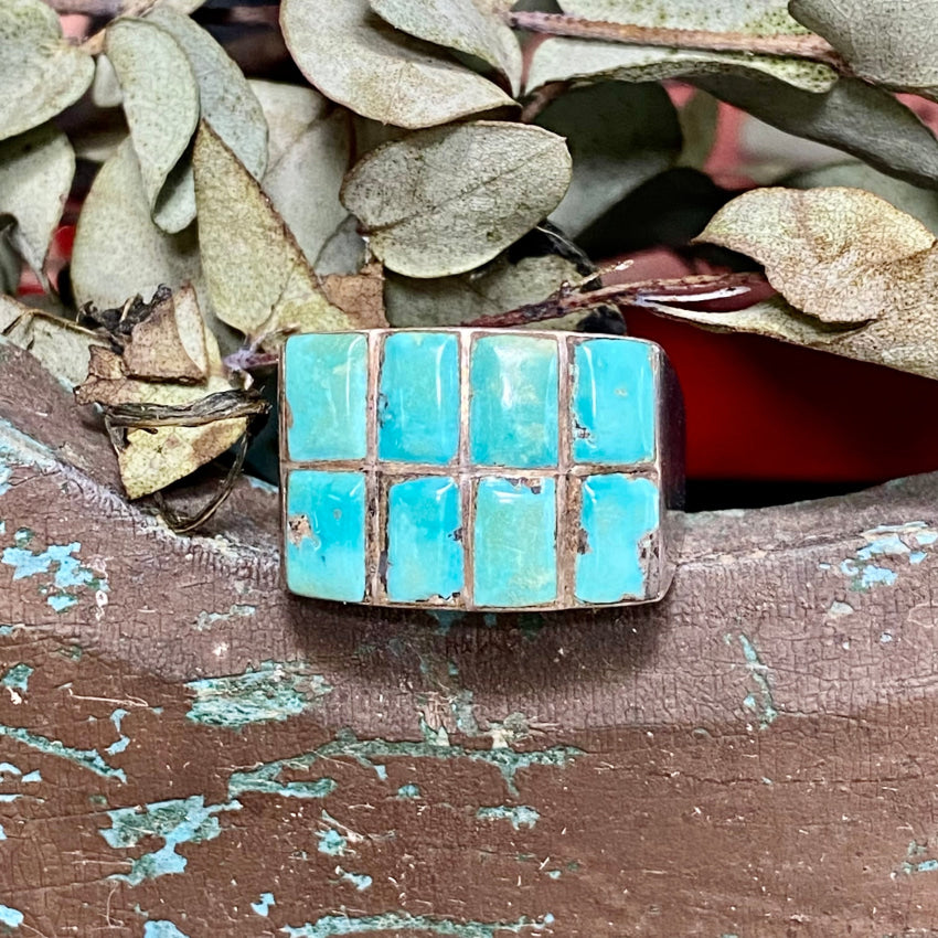 Rustic Old Navajo Row Ring 8 Rectangular Turquoise Stones 10 3/4