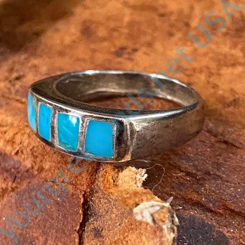 Rustic Old Navajo Sand Cast Sterling Silver Turquoise Ring 6 3/4