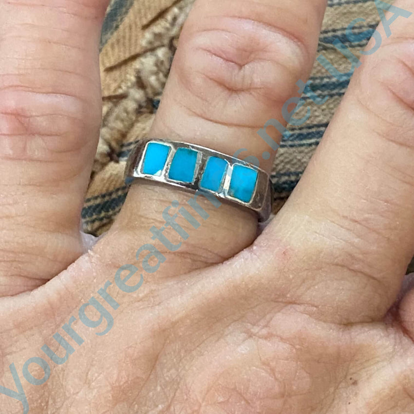 Rustic Old Navajo Sand Cast Sterling Silver Turquoise Ring 6 3/4