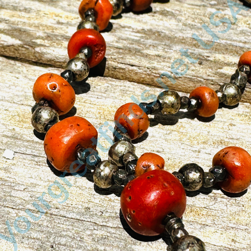 Rustic Sterling Silver & Red Coral Beaded Necklace