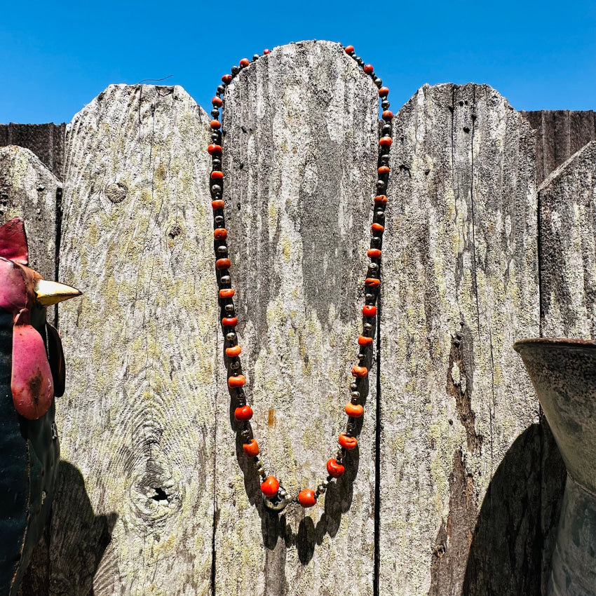 Rustic Sterling Silver & Red Coral Beaded Necklace