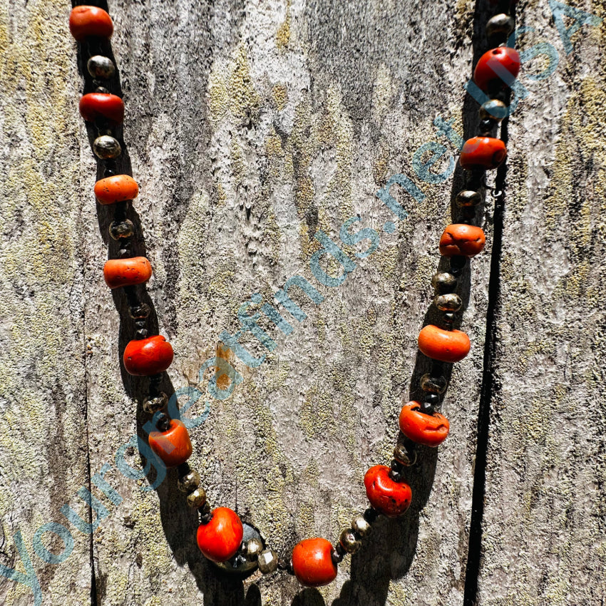 Rustic Sterling Silver & Red Coral Beaded Necklace