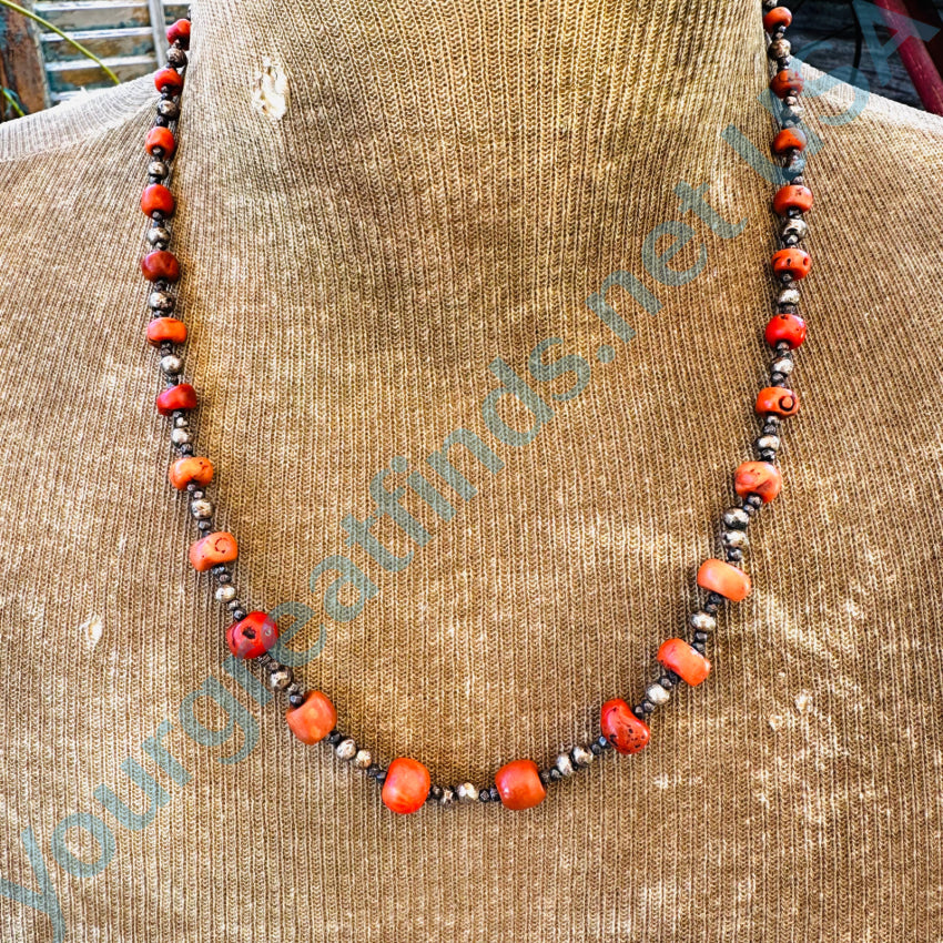 Rustic Sterling Silver & Red Coral Beaded Necklace