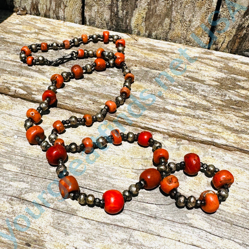 Rustic Sterling Silver & Red Coral Beaded Necklace