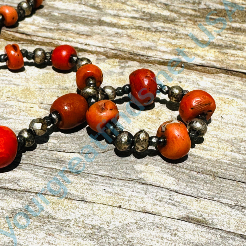 Rustic Sterling Silver & Red Coral Beaded Necklace