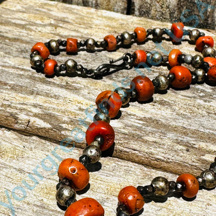 Rustic Sterling Silver & Red Coral Beaded Necklace